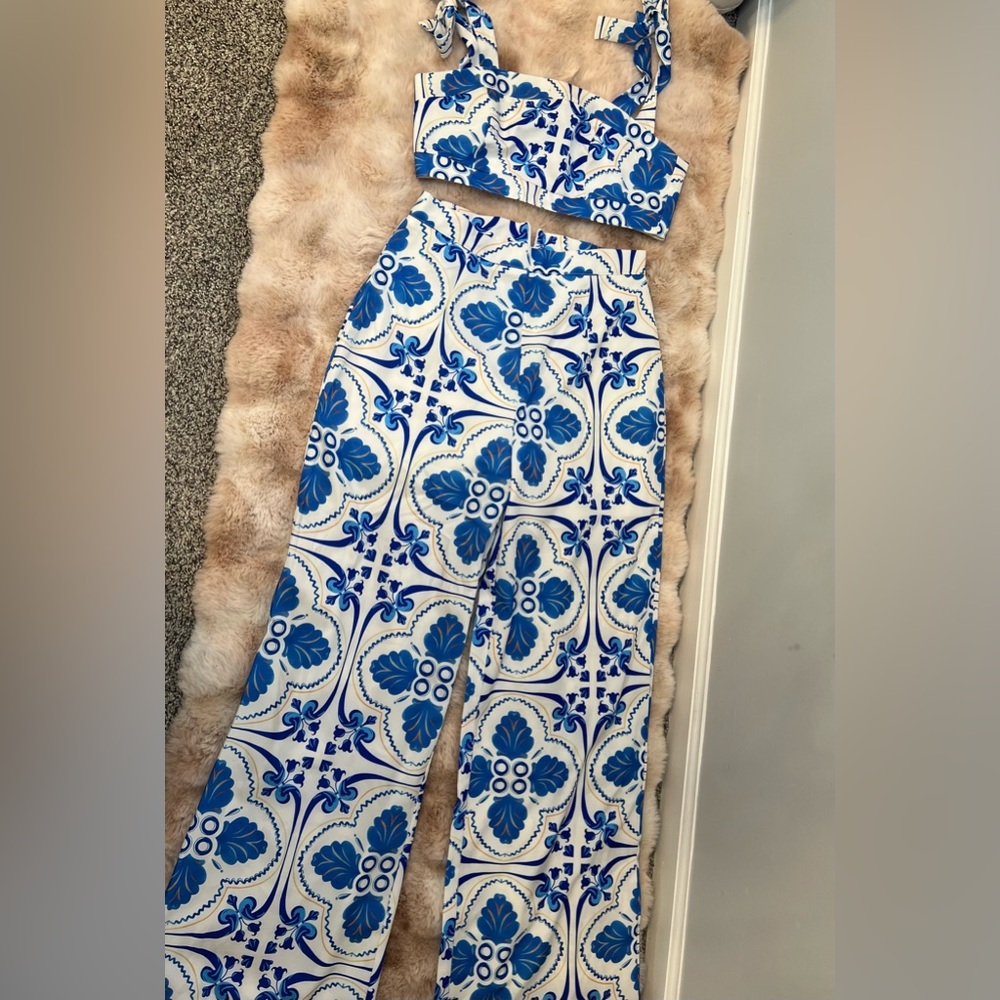 SHEIN Blue and White Wide Leg Jumpsuit